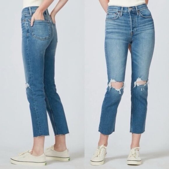 RE/DONE HIGH RISE STOVE PIPE JEAN DUSK DESTROY $265 Womens 27 - Picture 3 of 12
